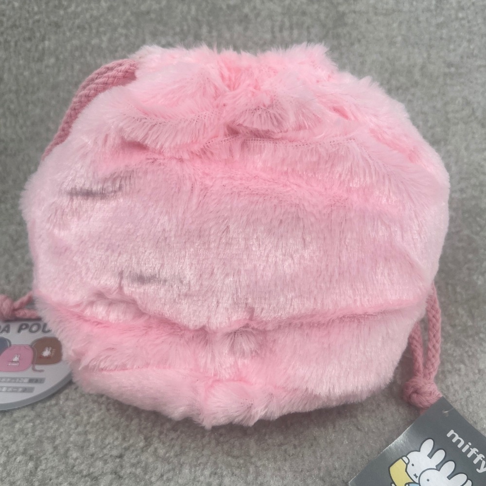 Miffy Boa Pouch Pink Faux Fur Plush Drawstring Bag Embroidered Inner Pockets NWT - Picture 5 of 11